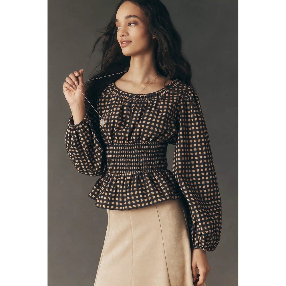 Anthropologie Black Tan Gingham Smocked Peplum Waist Puffed Long Sleeve Top - S